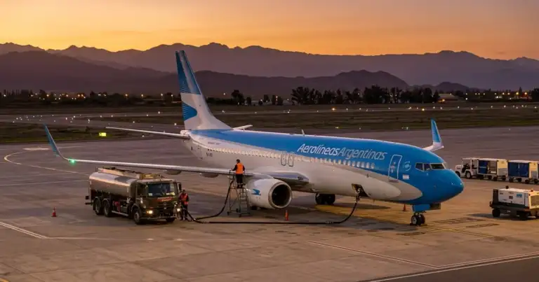Avión de Aerolíneas Argentinas cargando combustible en el aeropuerto, costo clave en el precio de los vuelos
