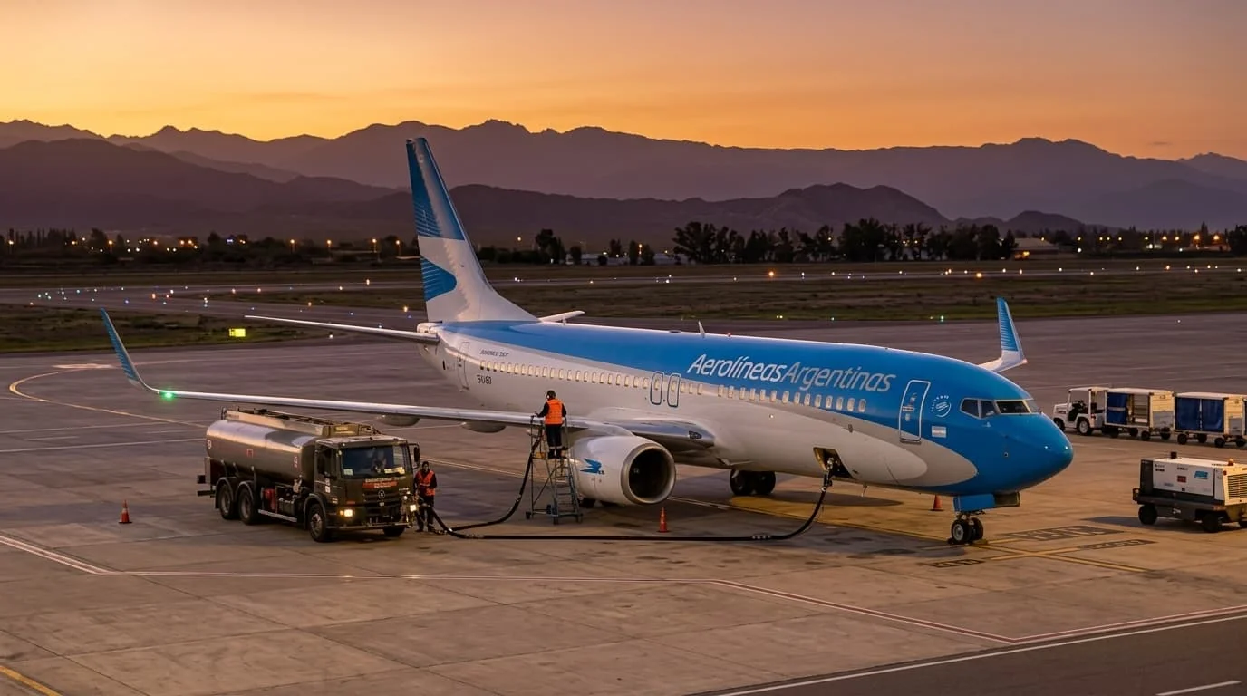 Avión de Aerolíneas Argentinas cargando combustible en el aeropuerto, costo clave en el precio de los vuelos