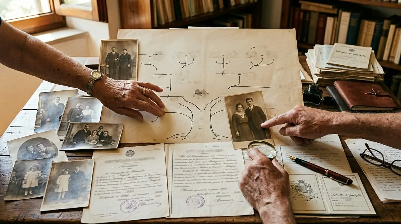 Personas revisando árbol genealógico y documentos familiares para tramitar la ciudadanía italiana
