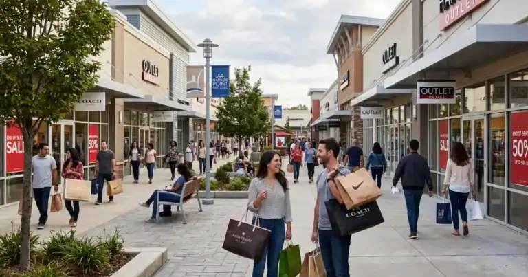 Centro comercial outlet en Estados Unidos con personas comprando y descuentos visibles