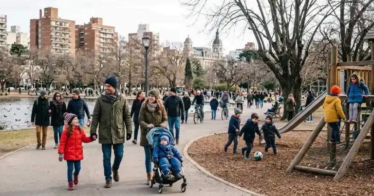Familias paseando en un parque durante las vacaciones de invierno en una ciudad de Argentina