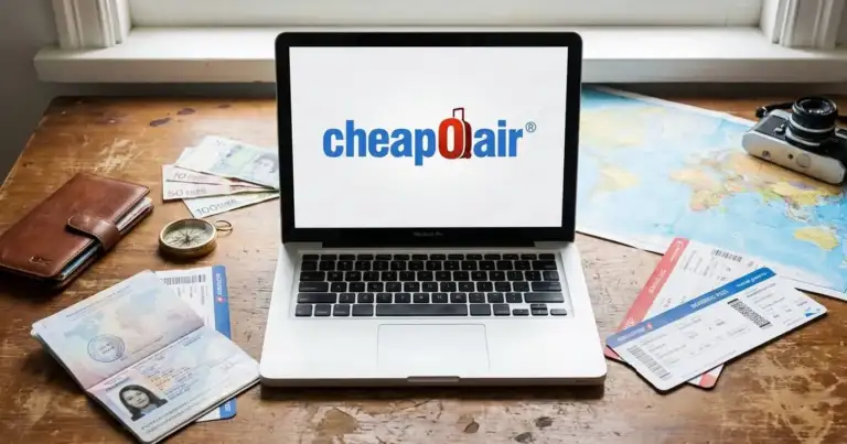 Laptop con logo de CheapOair y documentos de viaje sobre una mesa
