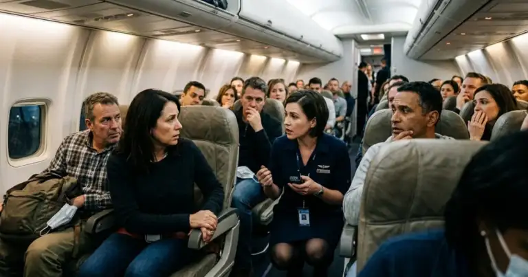 Pasajeros en avión atentos mientras tripulación gestiona una situación tensa en cabina