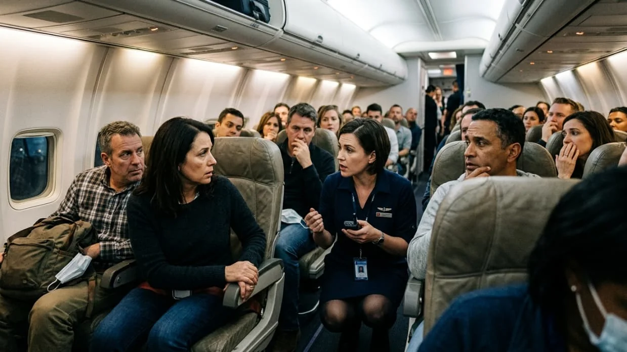 Pasajeros en avión atentos mientras tripulación gestiona una situación tensa en cabina