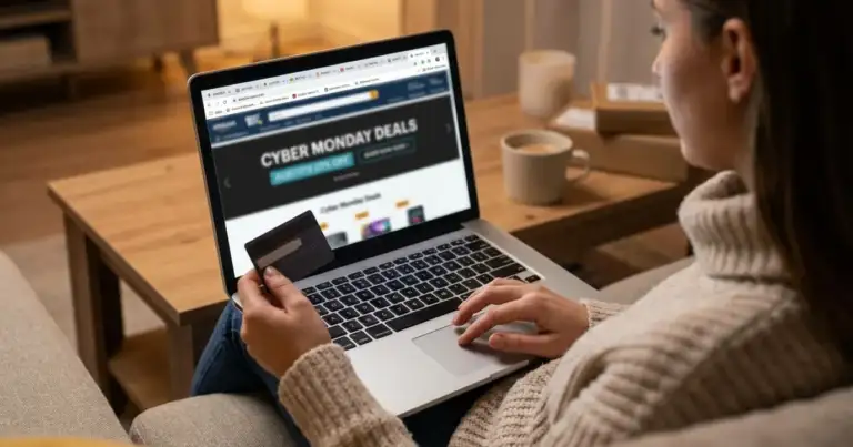 Persona comprando en línea durante Cyber Monday desde una laptop