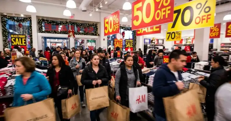 Personas comprando en una tienda con grandes descuentos durante temporada de rebajas en Estados Unidos