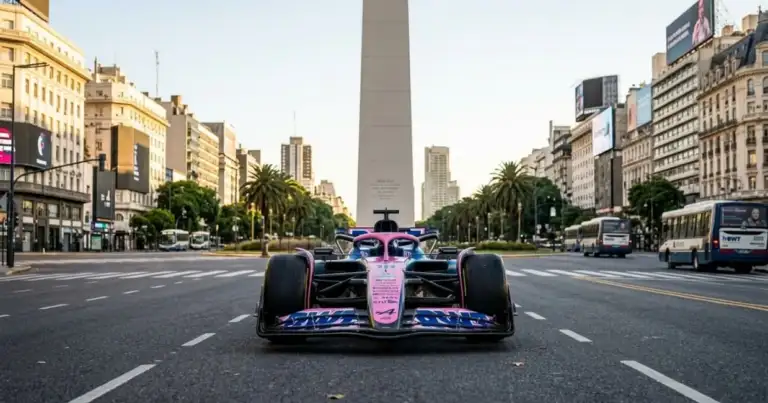 Auto de Fórmula 1 de Alpine frente al Obelisco en Buenos Aires durante la exhibición de Franco Colapinto