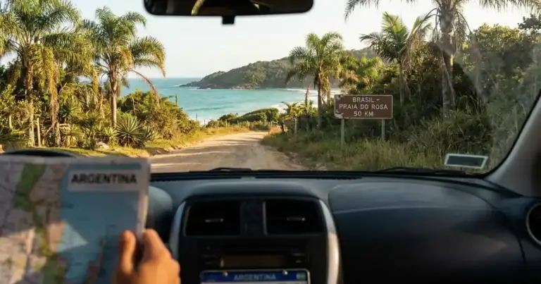 Viaje en auto desde Argentina hacia Brasil con cartel a Praia do Rosa y vista al mar