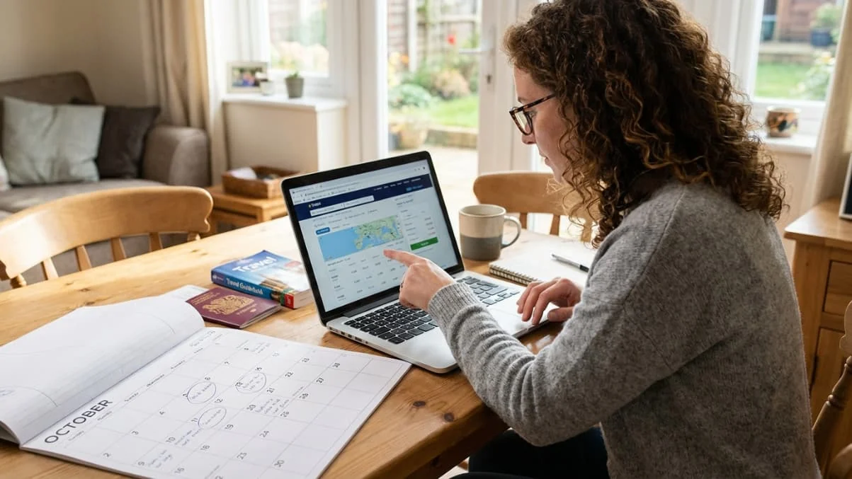 Cuándo cae Semana Santa 2027 y cómo planificar tu viaje Mujer planificando un viaje para Semana Santa 2027 con calendario y laptop buscando fechas y destinos