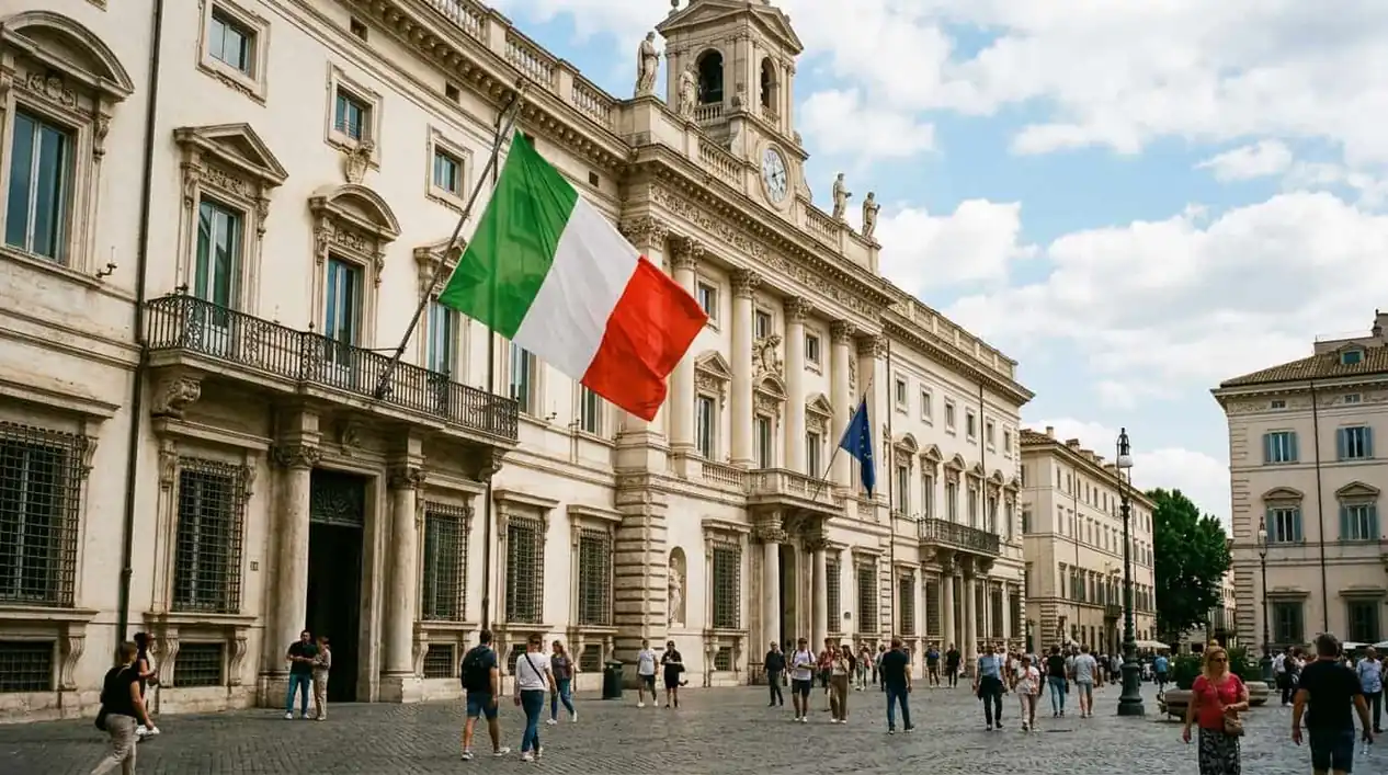 Edificio gubernamental en Italia con bandera italiana ondeando en plaza histórica Edificio gubernamental en Italia con bandera italiana en plaza histórica