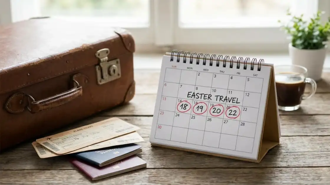 Calendario con fechas marcadas de Semana Santa junto a valija y pasaportes