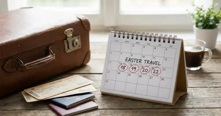 Calendario con fechas marcadas de Semana Santa junto a valija y pasaportes