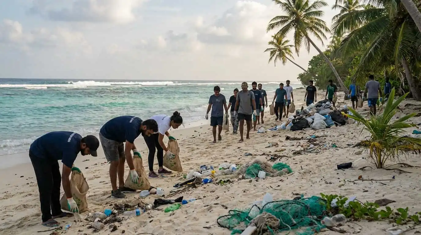 Voluntarios recogiendo basura en una playa tropical durante un programa de conservación ambiental