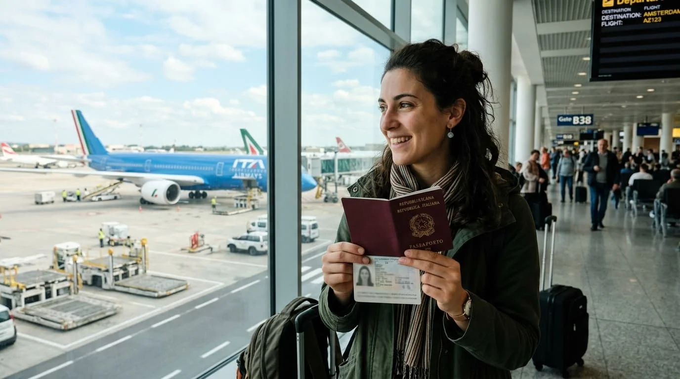 Mujer en aeropuerto con pasaporte italiano antes de viajar a Europa Mujer en aeropuerto mostrando pasaporte italiano antes de viajar a Europa