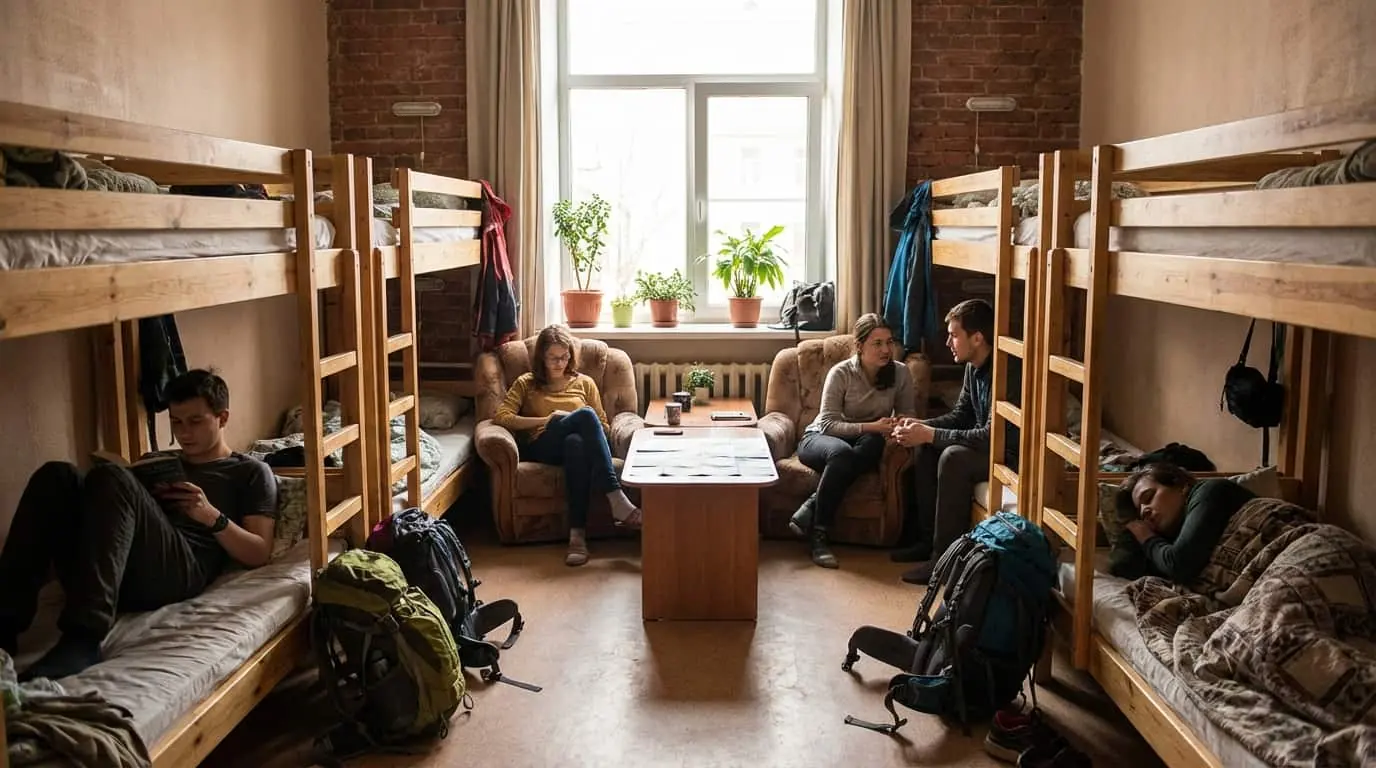 Dormitorio compartido en un hostel con mochileros descansando durante un viaje de bajo presupuesto