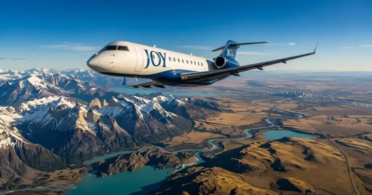 Avión de Joy Airlines volando sobre paisaje montañoso, proyecto de aerolínea que busca operar vuelos domésticos en Argentina