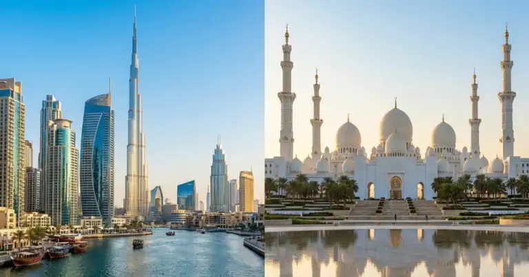 Comparación entre Dubái con el Burj Khalifa y Abu Dhabi con la Gran Mezquita Sheikh Zayed