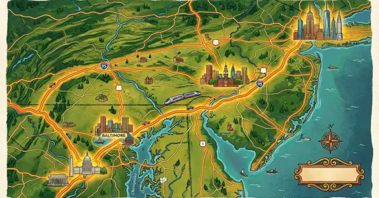 Mapa ilustrado del viaje en carro entre Nueva York y Washington DC pasando por Filadelfia y Baltimore por la autopista I-95