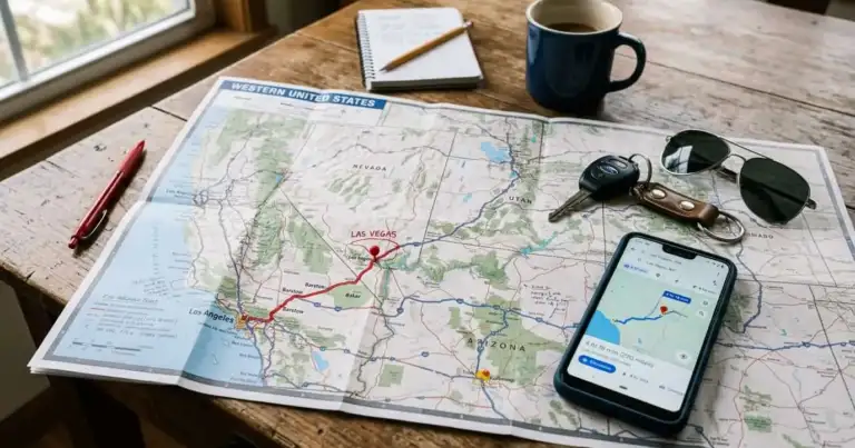 Mapa con la ruta por carretera entre Los Ángeles y Las Vegas marcada para planificar el viaje