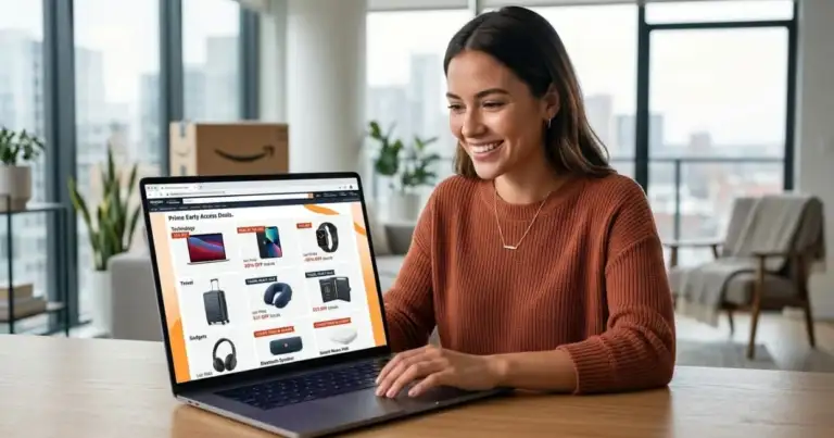 Persona comprando ofertas en Amazon Prime Day desde laptop en casa