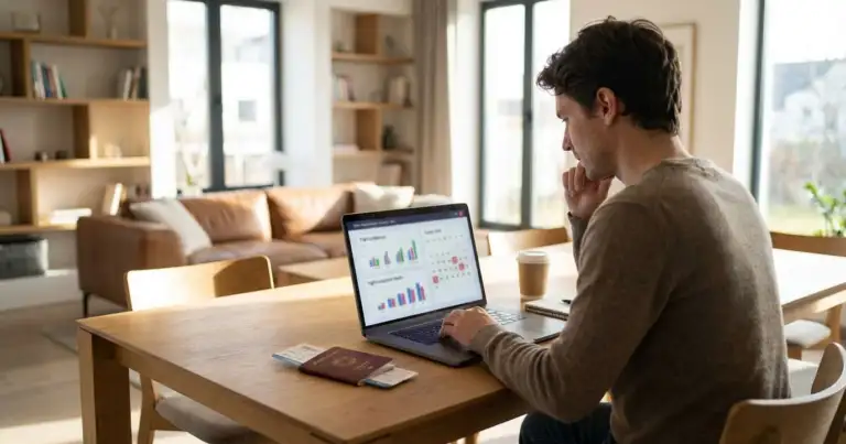 Persona comparando precios de vuelos en una laptop con pasaporte y tarjeta de embarque para viajar en Semana Santa 2026