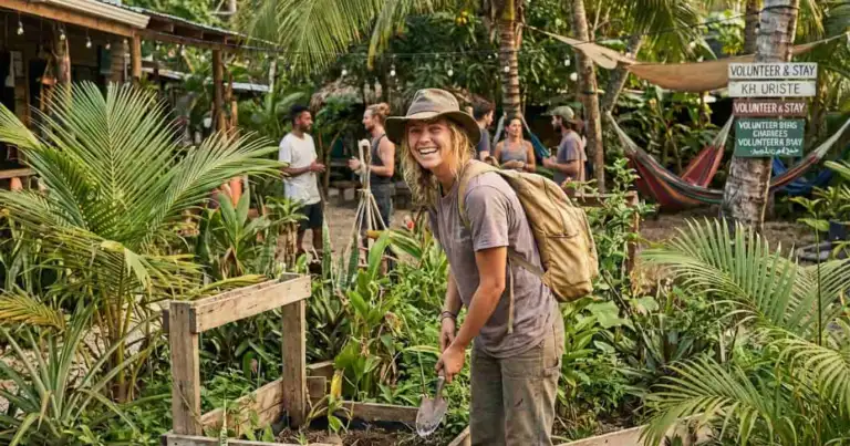 Viajera participando en un voluntariado en un proyecto comunitario a cambio de alojamiento durante un viaje