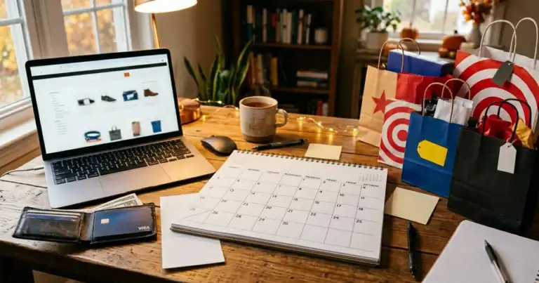 Preparativos para compras de Black Friday con laptop, calendario de noviembre y bolsas de tiendas