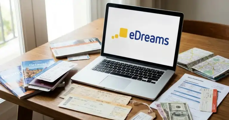 Laptop con logo de eDreams junto a pasajes, mapas y documentos de viaje