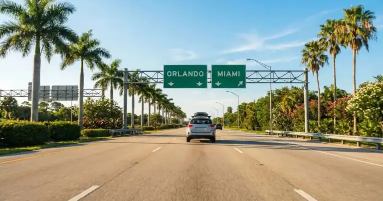Carretera en Florida con señalización hacia Orlando y Miami rodeada de palmeras