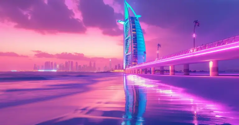 vista panoramica de la ciudad de dubai iluminda con luces de neon generada con IA