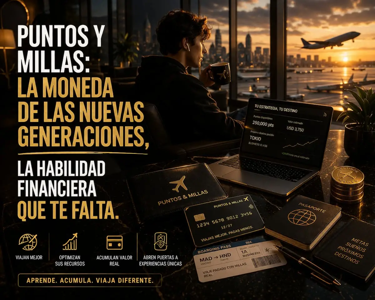 Devaluación millas Hombre en laptop rodeado de pasaportes observando atardecer