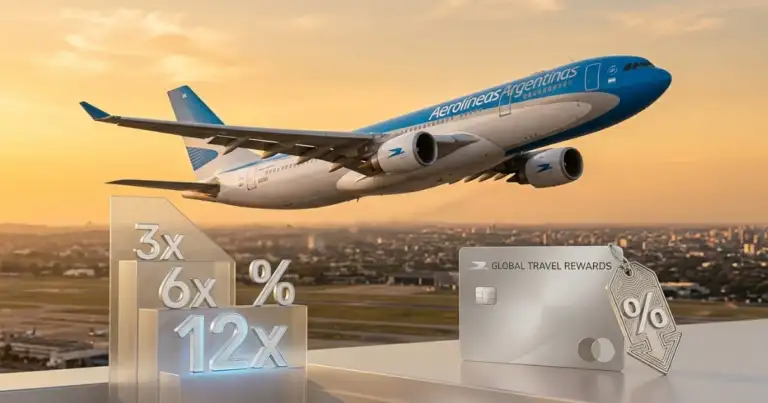 Avión de Aerolíneas Argentinas despegando con gráficos de descuentos y cuotas sin interés.