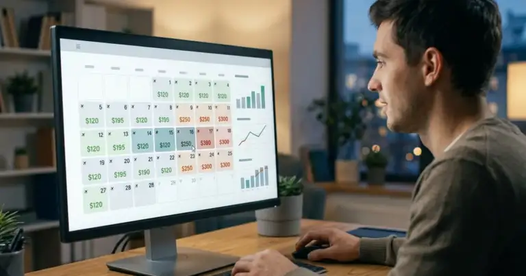Hombre comparando precios de vuelos en calendario digital con fechas más baratas y más caras en una pantalla.