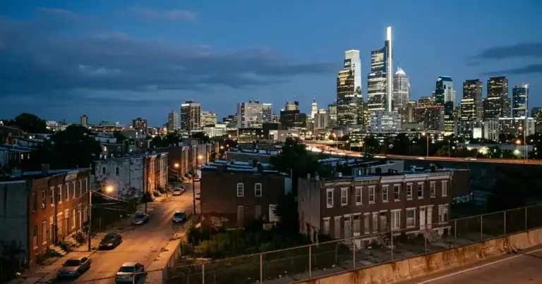 Vista urbana de una ciudad de Estados Unidos al atardecer, con zona residencial en primer plano y rascacielos al fondo.