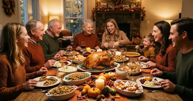 Familia reunida en una mesa de Thanksgiving con pavo asado y cena tradicional en Estados Unidos.