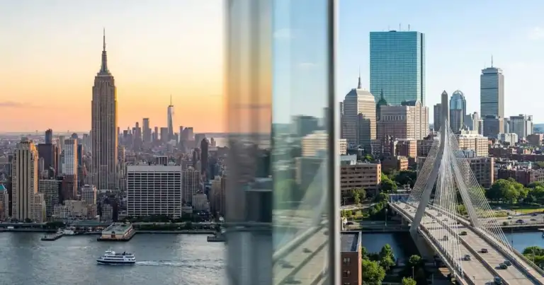 Imagen comparativa de los skylines de Nueva York y Boston, ciudades conectadas por avión, tren, auto y bus en la costa este de Estados Unidos.