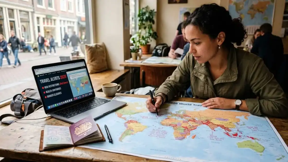 Viajera revisa un mapa mundial y alertas de viaje 2026 en una laptop antes de planificar vacaciones.