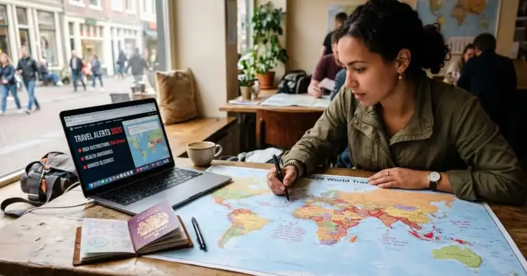 Viajera revisa un mapa mundial y alertas de viaje 2026 en una laptop antes de planificar vacaciones.