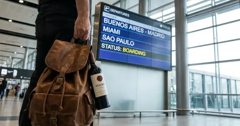 Pasajero en el aeropuerto de Ezeiza con mochila y una botella de vino frente a la pantalla de salidas internacionales, imagen sobre cambios en reglas del equipaje de mano.