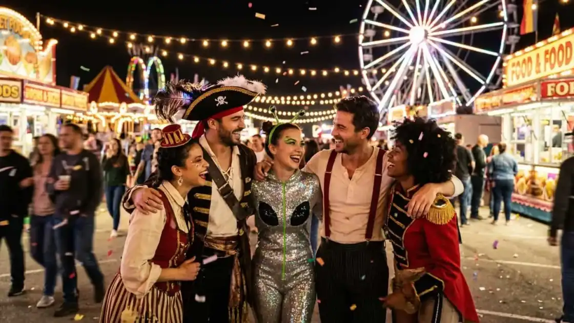 grupo de amigos disfrazados celebrando Carnaval en una feria con luces y juegos de fondo