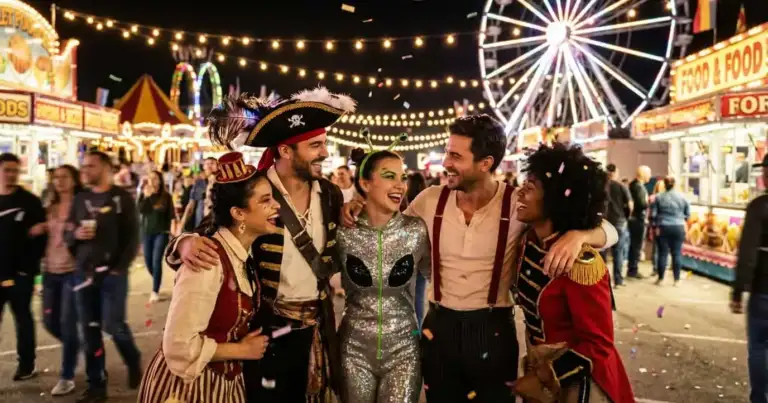 grupo de amigos disfrazados celebrando Carnaval en una feria con luces y juegos de fondo