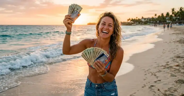 persona mostrando dinero en efectivo durante vacaciones en la playa