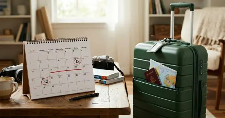 calendario con fechas marcadas junto a una valija y pasaporte, representación de feriados y días libres para viajar en 2026