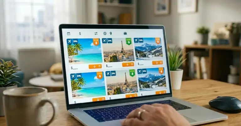 persona comparando ofertas de viajes en laptop durante el Hot Sale con destinos y precios