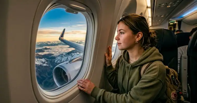 estudiante mirando por la ventana de un avión durante un viaje
