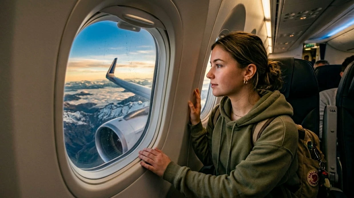 estudiante mirando por la ventana de un avión durante un viaje