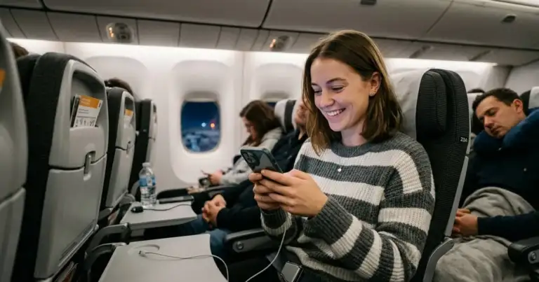 Pasajera usa su teléfono conectada a internet durante un vuelo internacional hacia Europa.