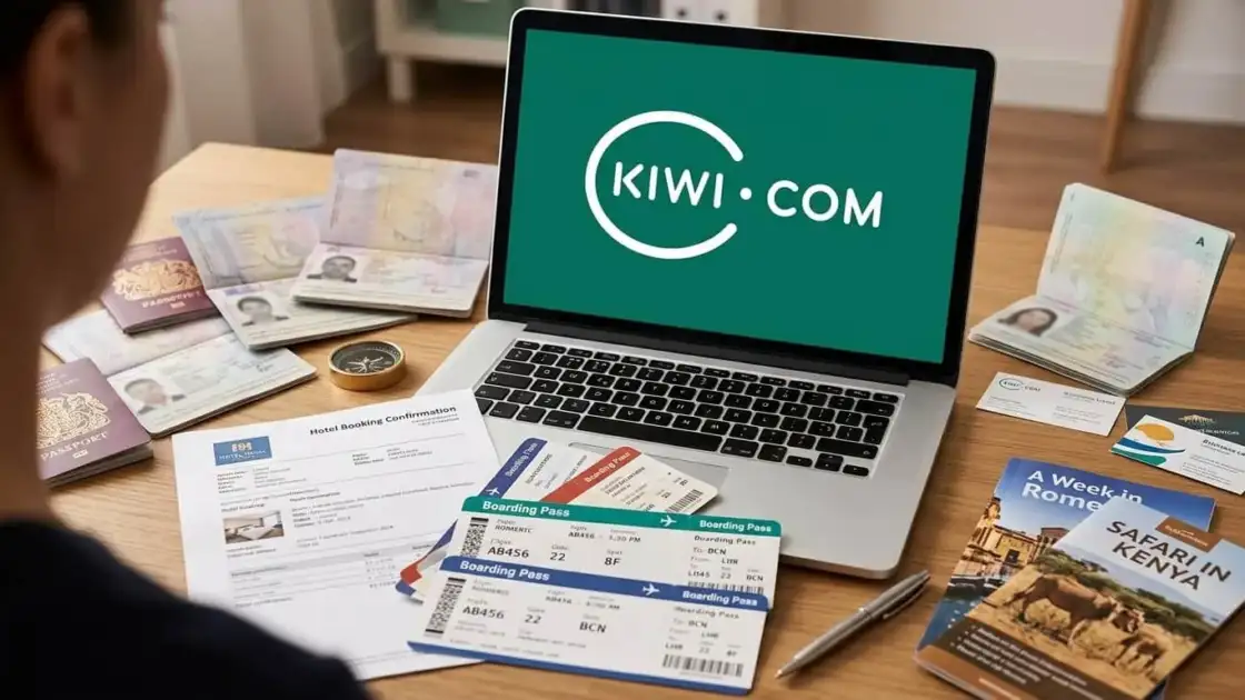 Laptop con la página de Kiwi.com abierta junto a pasaportes y tarjetas de embarque, usada para buscar vuelos online.