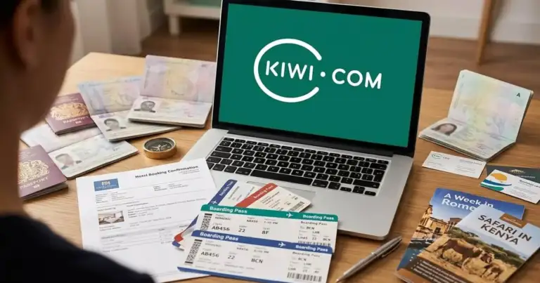 Laptop con la página de Kiwi.com abierta junto a pasaportes y tarjetas de embarque, usada para buscar vuelos online.