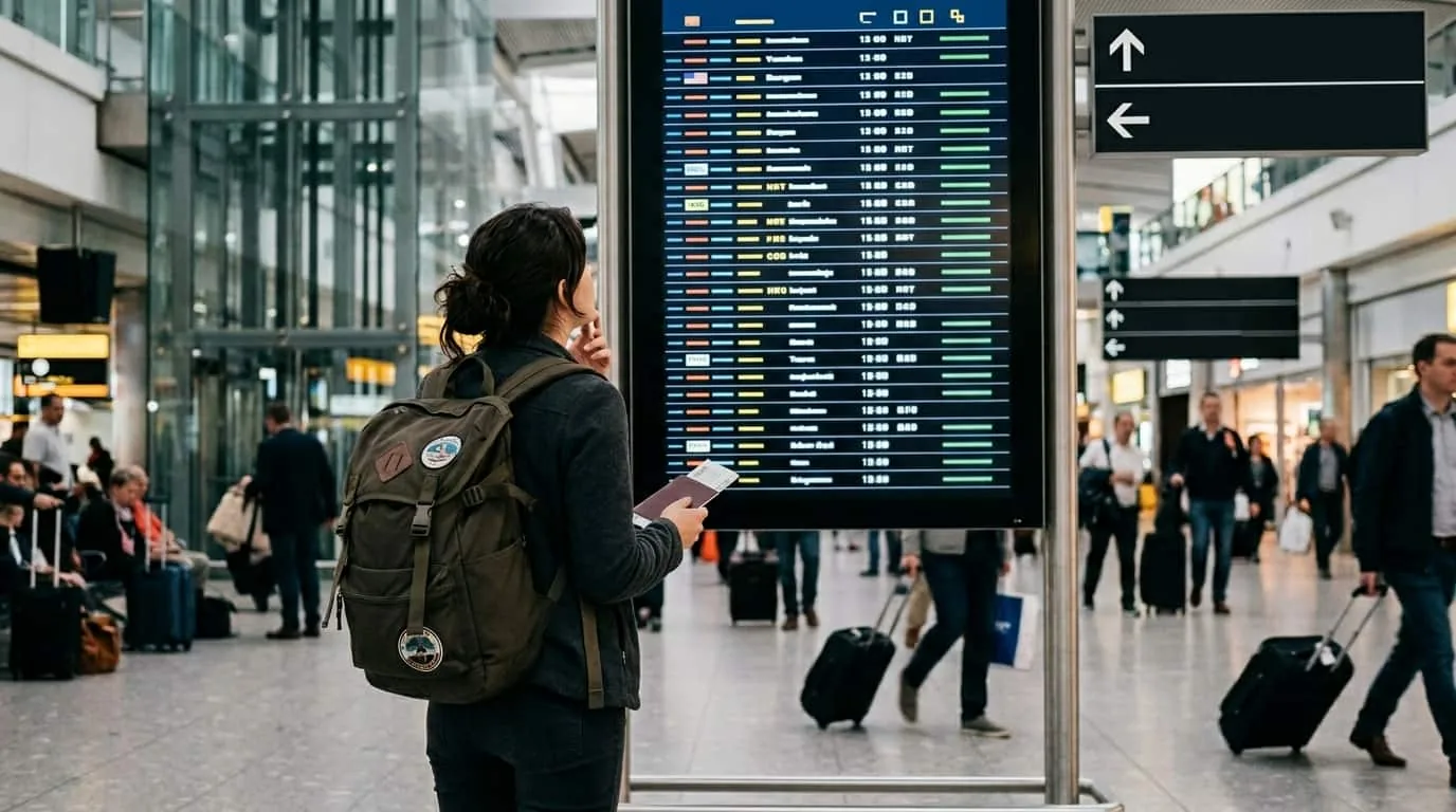 Viajera consulta el panel de salidas en un aeropuerto con mochila y pasaporte tras comprar un vuelo online.
